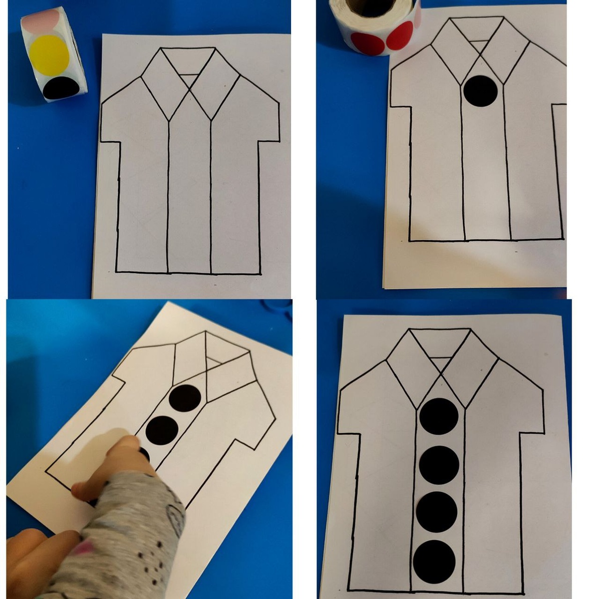 Клеим пуговки к рубашке.