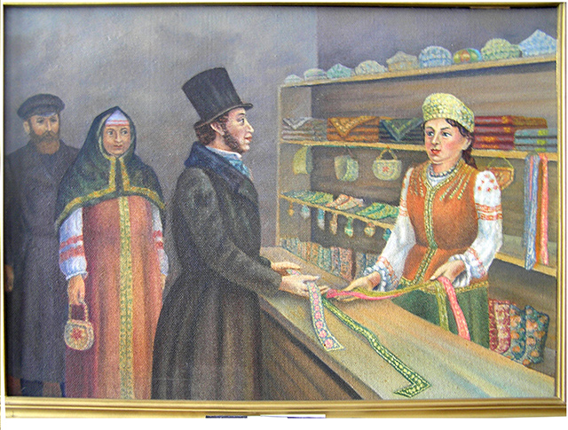 Тэлин С.И., Пушкин покупает поясы. 1970-е, Торжок