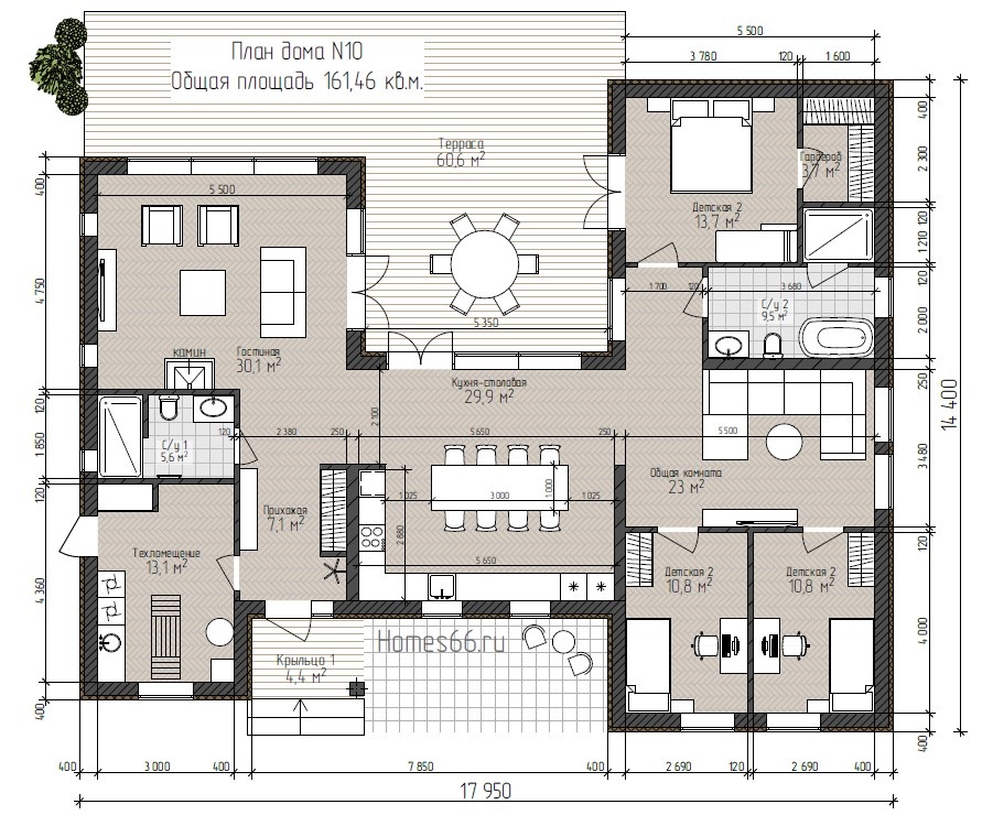План одноэтажного немецкого дома с размерами N10