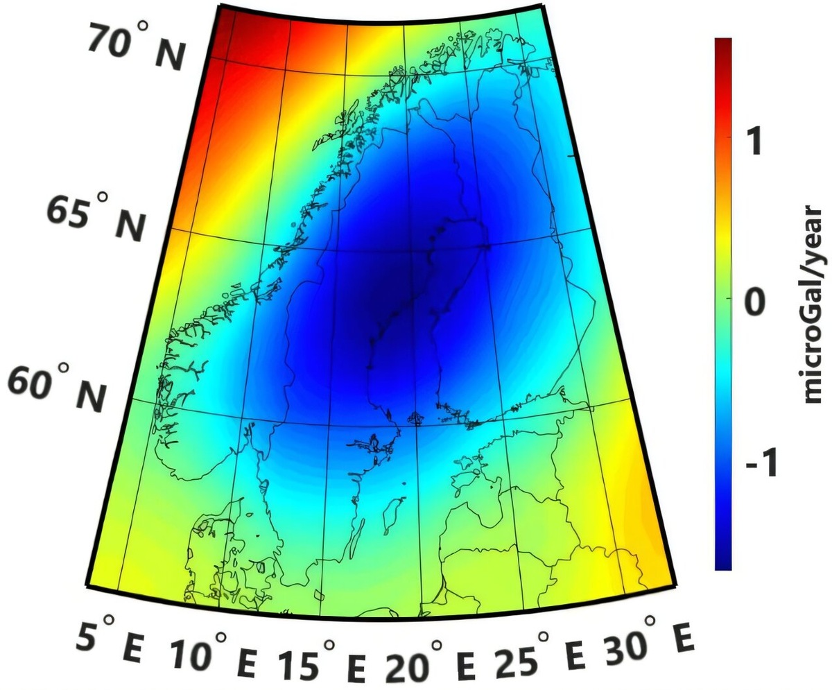 График показывает изменение силы тяжести в Фенноскандии, полученное с помощью спутниковой гравиметрической миссии GRACE. Синий цвет соответствует областям с самой слабой силой тяжести, а красный — с самой сильной. Единица измерения — микроГал/год. Гал определяется как 1 сантиметр на секунду в квадрате.    
 Источник: KTH  📷

