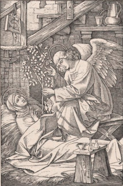 Гравюра И. Виерикса. Ангел преподносит св. Лидвине ветку роз 