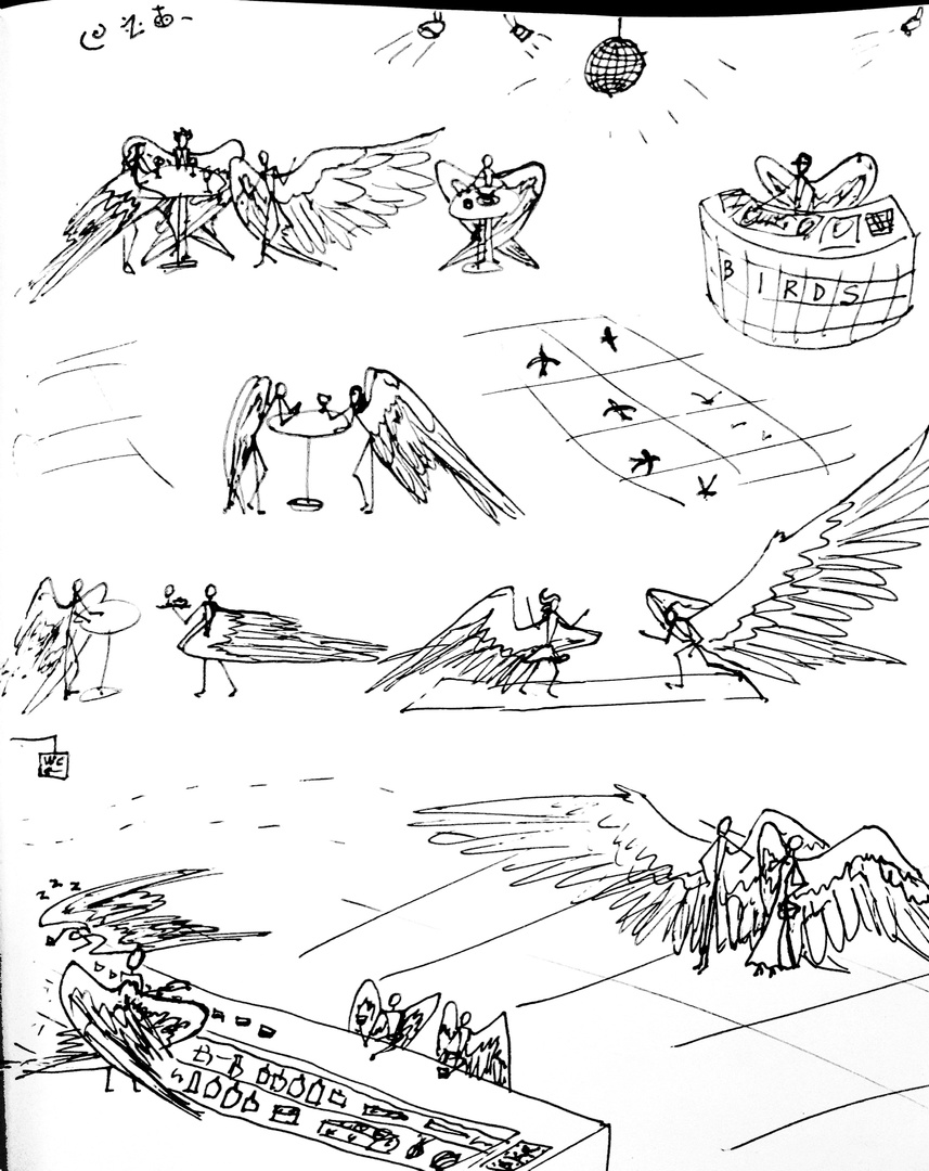 Поэтому я нарисовала данную работу под названием "Ночной клуб "Птицы"". Многие увидят тут как глубокий философский смысл, так и отсылку на одноимённый клуб в Москве. Я также не вложила сюда ни одного "типично ангельского" атрибута - но как это поймут люди?