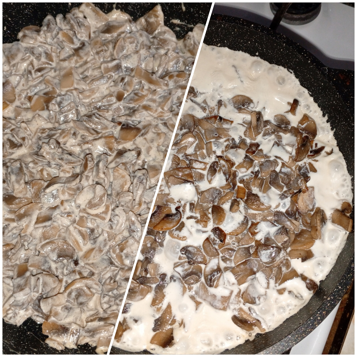 Слева - готовая начинка. Справа - грибы залитые сливками. Фото авторов