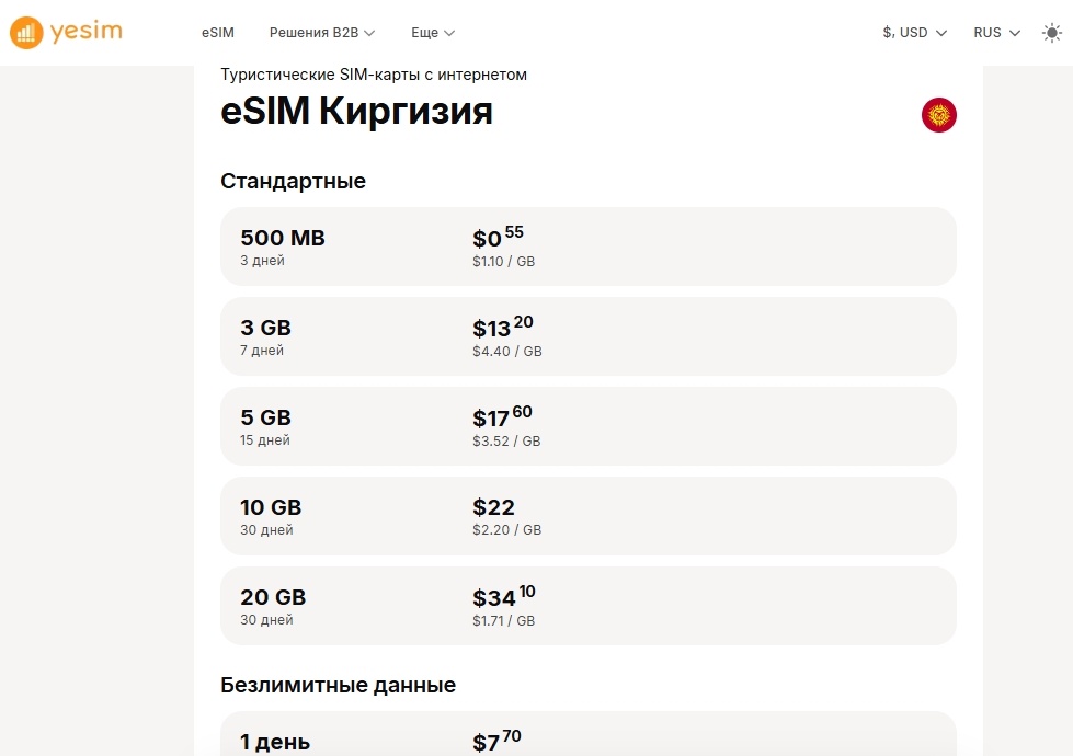 Тарифные планы от Yesim для Киргизии