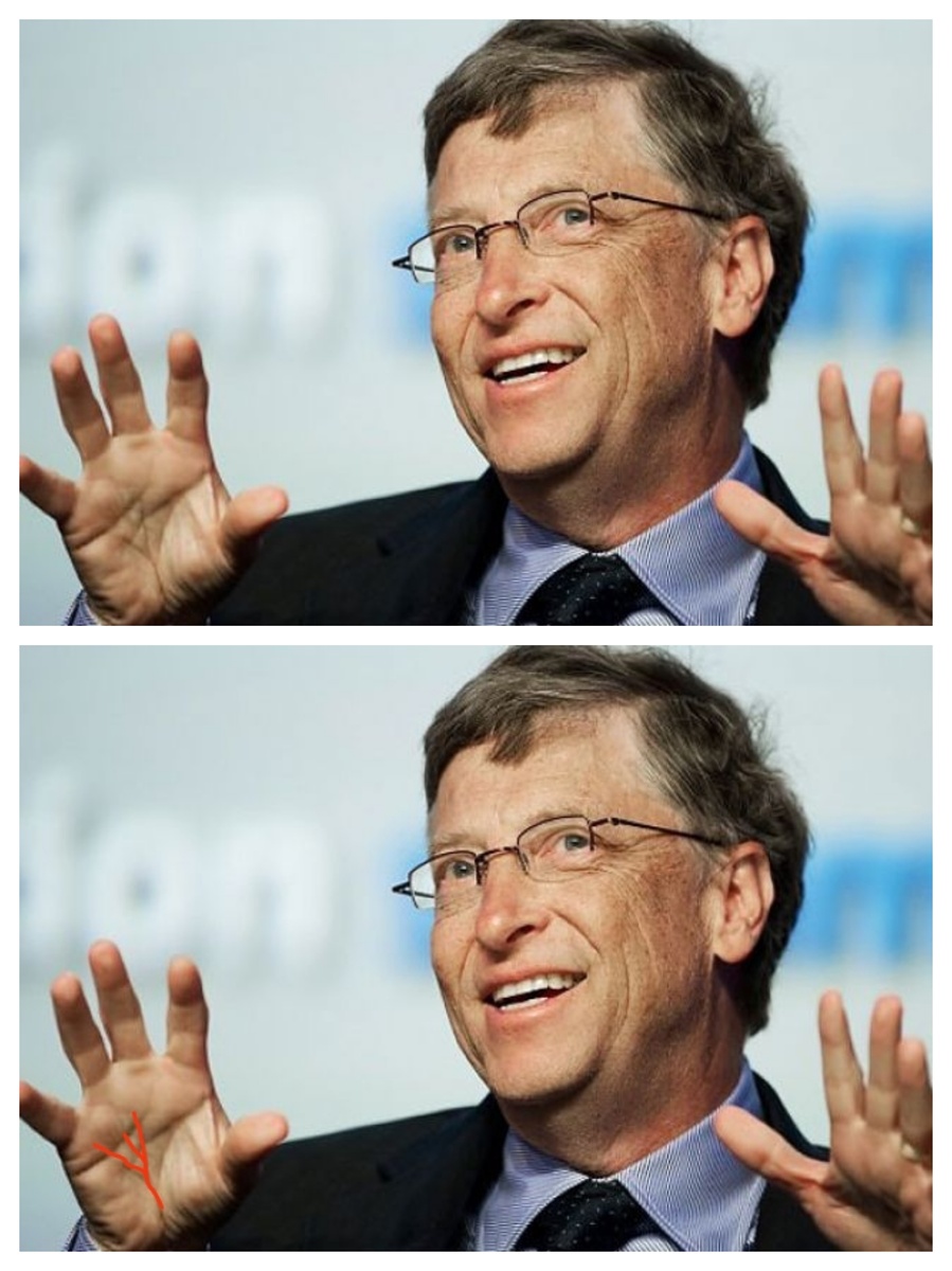 Линия Завоевателя на руке Билла Гейтса - миллиардера, общественного деятеля, филантропа, основателя компании Microsoft. Его прозвище в детстве "con" - что означает зубрила или ботан. 