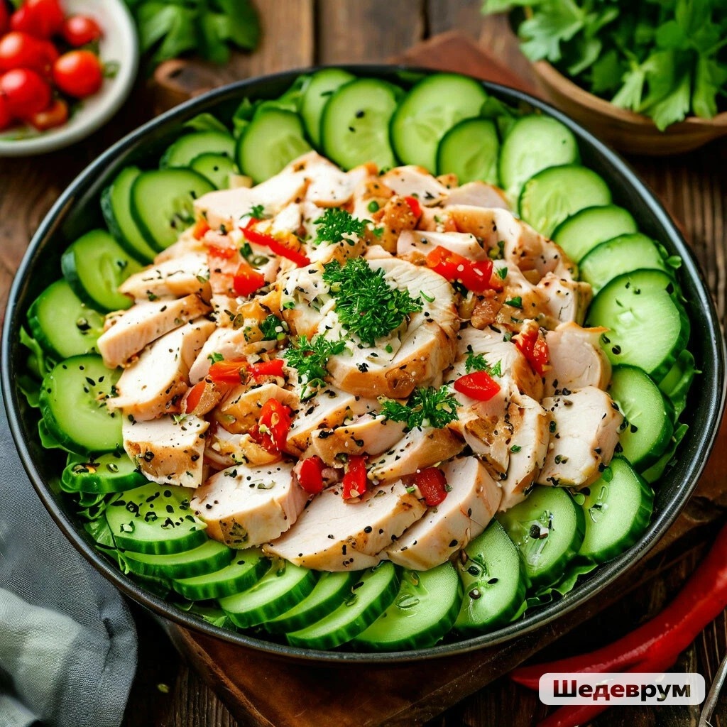 Копчёная курица и свежий огурец