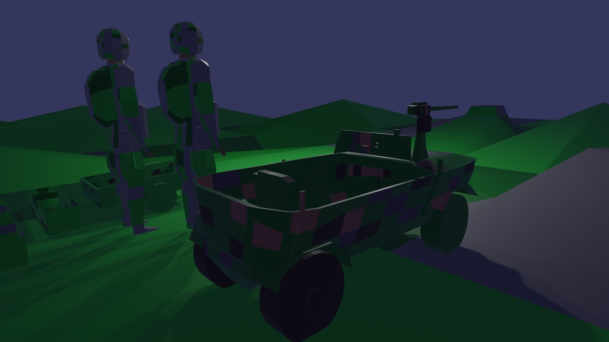 Малая бронированная машина. Установлен пулемет с дистанционным управлением (от пульта). Мощный мотор, хорошая проходимость, защищенность важных мест и частично водителя (70%) от осколков и пуль. Прицеп, тент. Авторский рисунок.