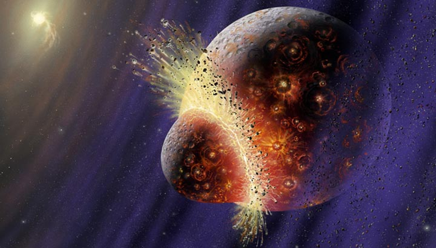 Художественное изображение объекта размером с Марс, столкнувшегося с Землей в начале зарождения Солнечной системы. Многие планетологи полагают, что такой удар вытолкнул обломки, которые в конечном итоге образовали Луну. Однако остается неясным, образовались ли Плутон и Харон таким же образом. 
Getty Images / Lynette Cook