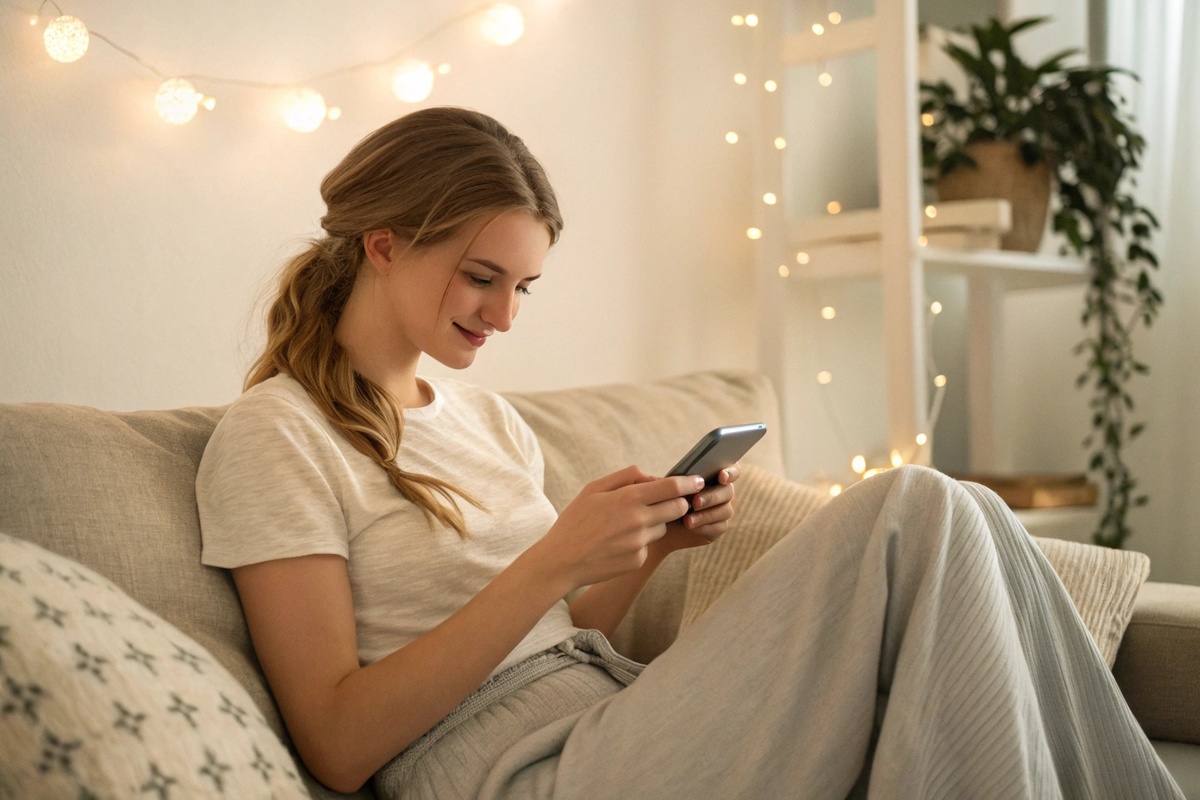 Девушка читает мобильник