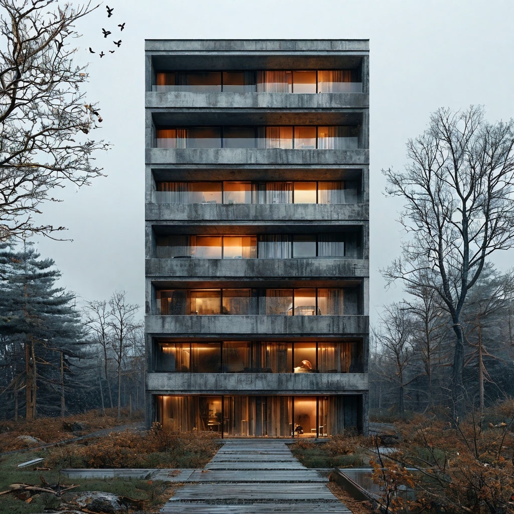 Дальше, за бараком, торчал одинокий  дом этажей в восемь-десять. Серый и мрачный, он казался удивительно чуждым, и в то же время органичным в окружающем пейзаже. Рисунок от Яндекс GPT.