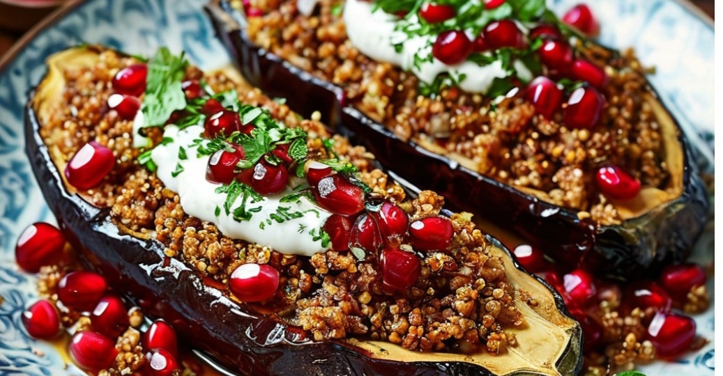 Фаршированные баклажаны с киноа, гранатом и йогуртово-мятным соусом