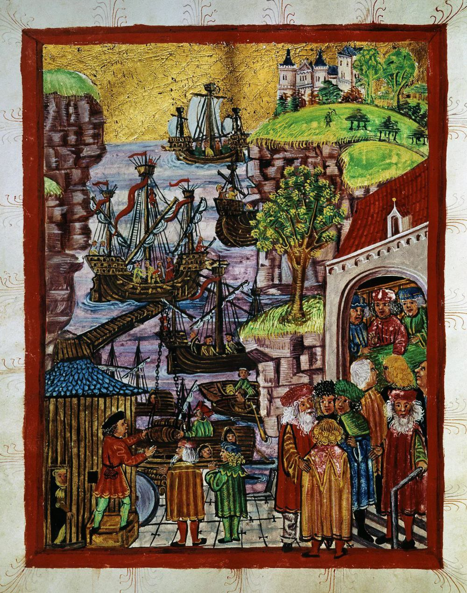 Порт Гамбурга. Миниатюра из манускрипта. 1497 год