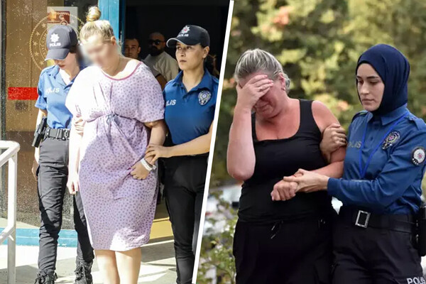 Задержание россиянки, выбросившей новорожденного ребенка в туалет, и ее матери (справа) в аэропорту Антальи / dha.com.tr  📷