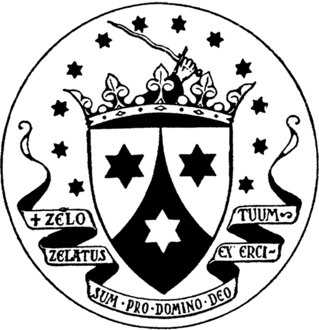 Герб ордена с тремя шестиконечными Давидовыми звёздами. И девиз ордена кармелитов — «Возревновал я о Господе Боге Саваофе/Боге воинств» (Zelo zelatus sum pro Domino Deo exercituum).