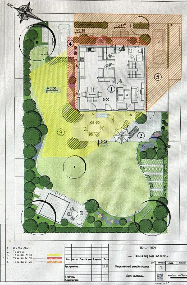 Пример плана инсоляции на одном из объектов Ленинградской области. Тени показаны на 09.00, 14.00 и 21.00.