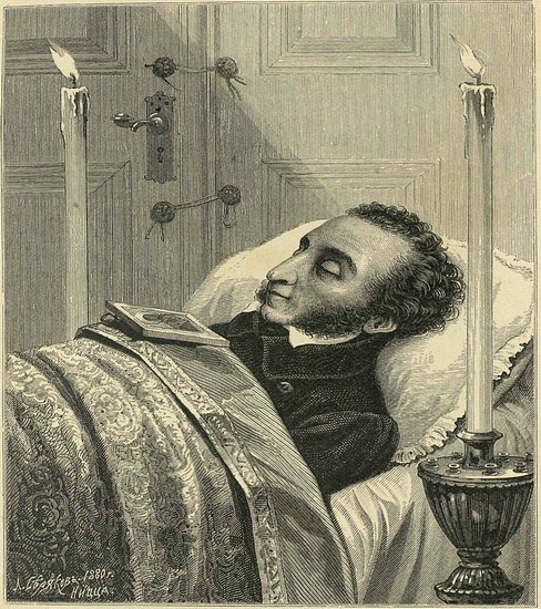 Пушкин после дуэли. Гравюра Л. Серякова,