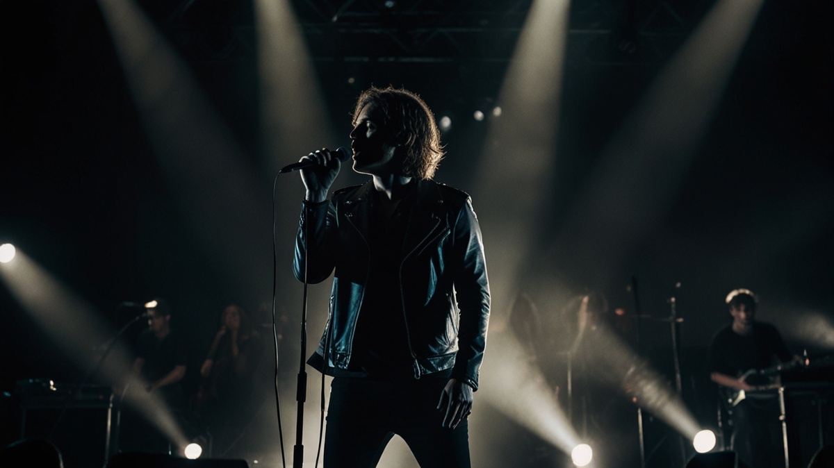 Рок-группа на сцене, с драматическим светом и мистической атмосферой