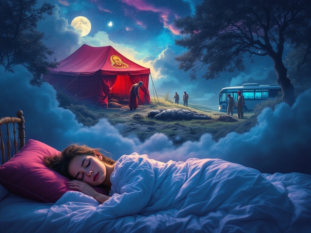    К чему такое снится: В картине изобразил момент, когда хозяин закапывает труп возле красного шатра с изображением монаха на ткани. В фоне видны автобусные водители, которые ищут что-то в