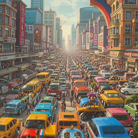 сделал город с автомобилями и разными людьми в цвете.