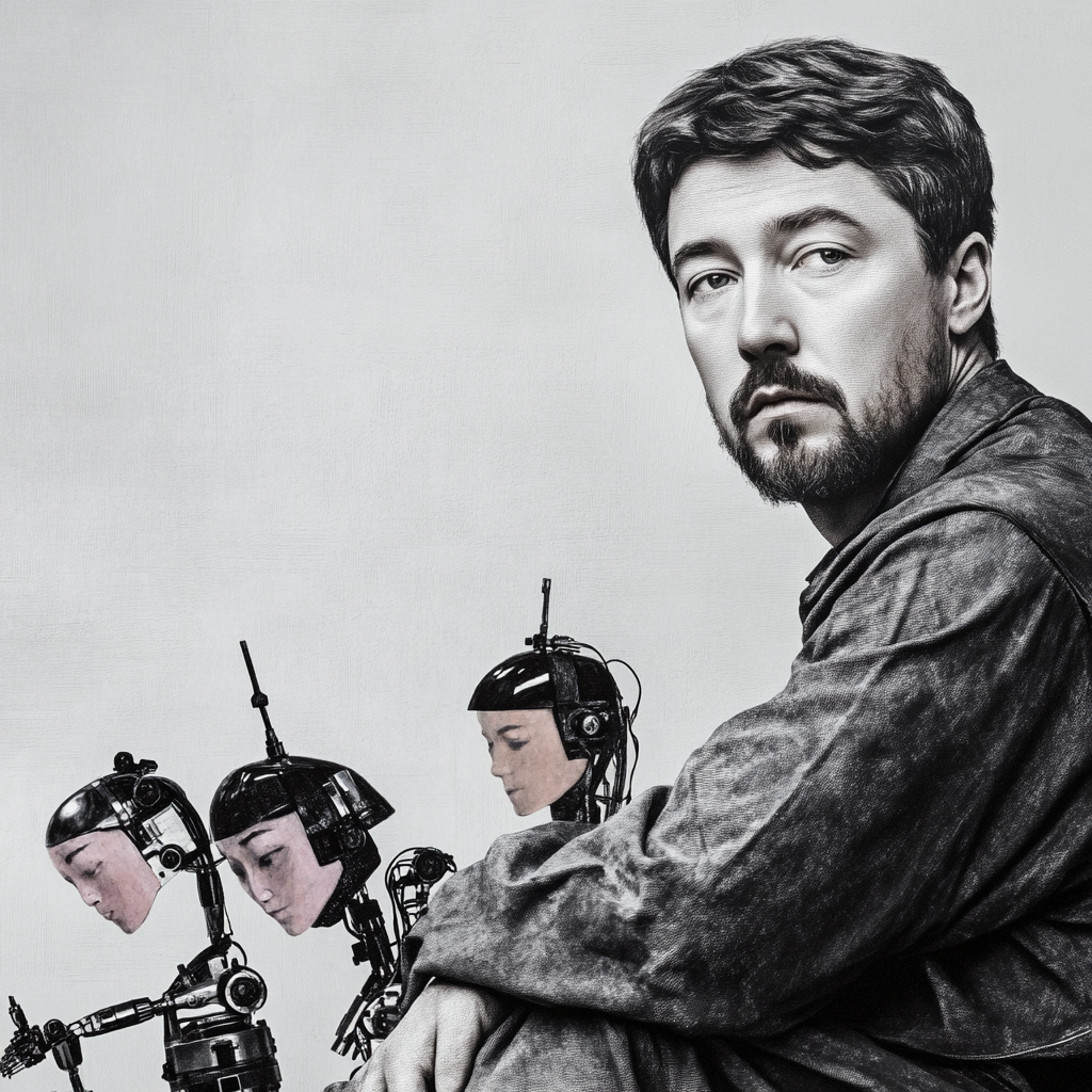 Иллюстрирую фантазиями ИИ: Антон Чехов посреди работящих роботов. Хотел, чтобы работящими были люди, но... сложилось так, как сложилось.