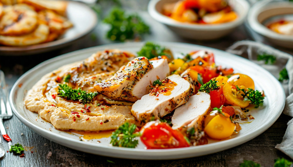 Куриное филе с хумусом и овощным салатом