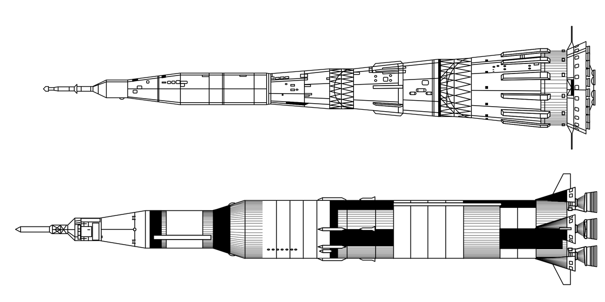 Сверху - ракета Н-1, пятиступенчатая, первые три ступени имеют коническую форму. Снизу - ракета Сатурн-5, трехступенчатая, все ступени имеют циллиндричесую форму. Источник: https://ru.wikipedia.org/wiki/Файл:Saturn_V_&_N1_comparison.svg