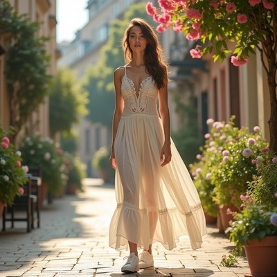 Летнее трендовое платье в стиле бохо с белыми кедами