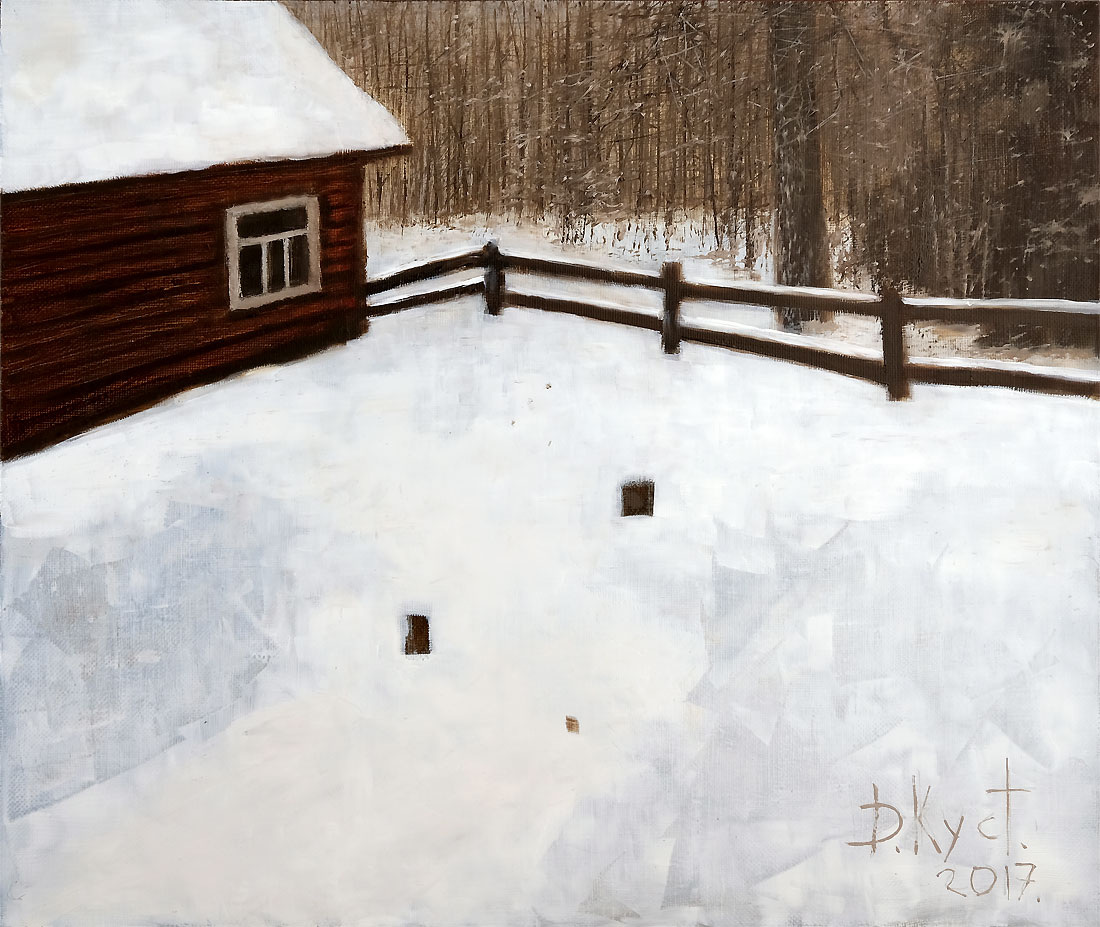 Художник Дмитрий Кустанович. Дворик в карельской деревне, 50x60 см, холст, масло, 2017