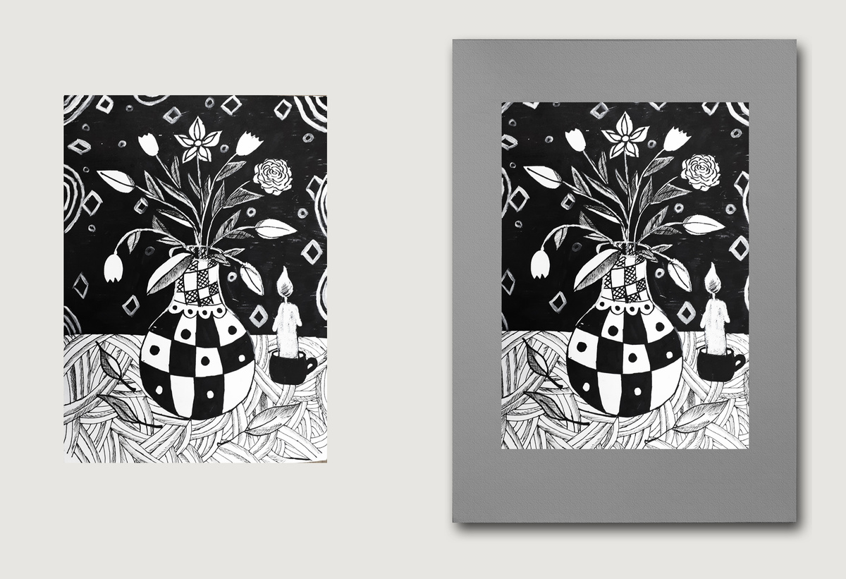 Посмотрите как  выглядит одна и та же работа в паспарту разного цвета. Обратите внимание, что бумажная рамка паспарту чуть чуть закрывает часть работы по периметру. 