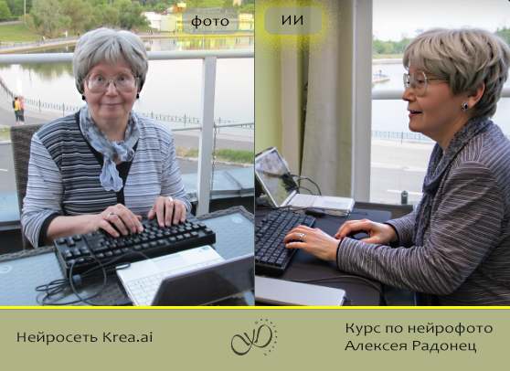 Настоящее фото (слева, 2018) и нейрофото автора (GenuineLera) в сети Krea.ai, 2025