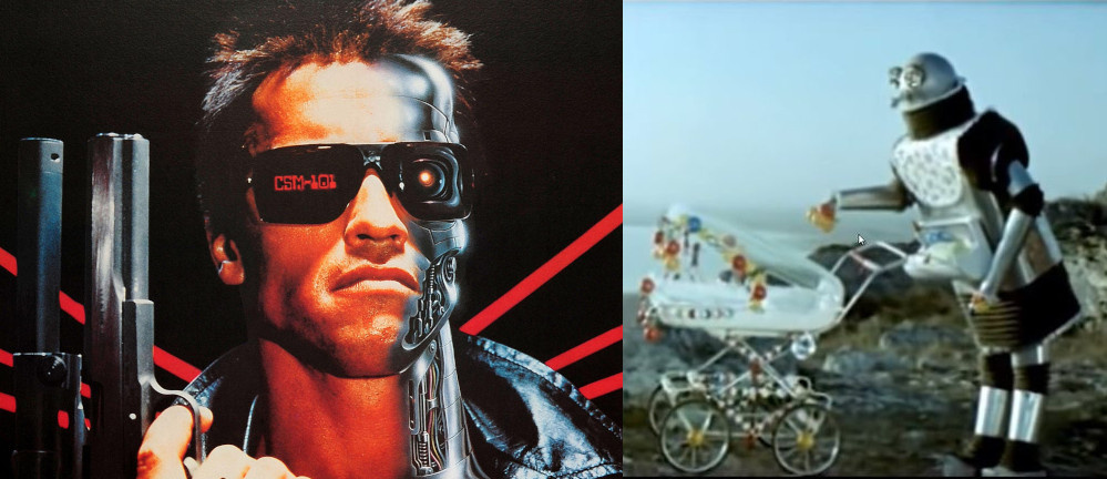 Терминатор из одноимённого фильма и робот-нянька из фильма "Отроки во вселенной". Кто из них опаснее? Исходные изображения взяты из открытых источников.