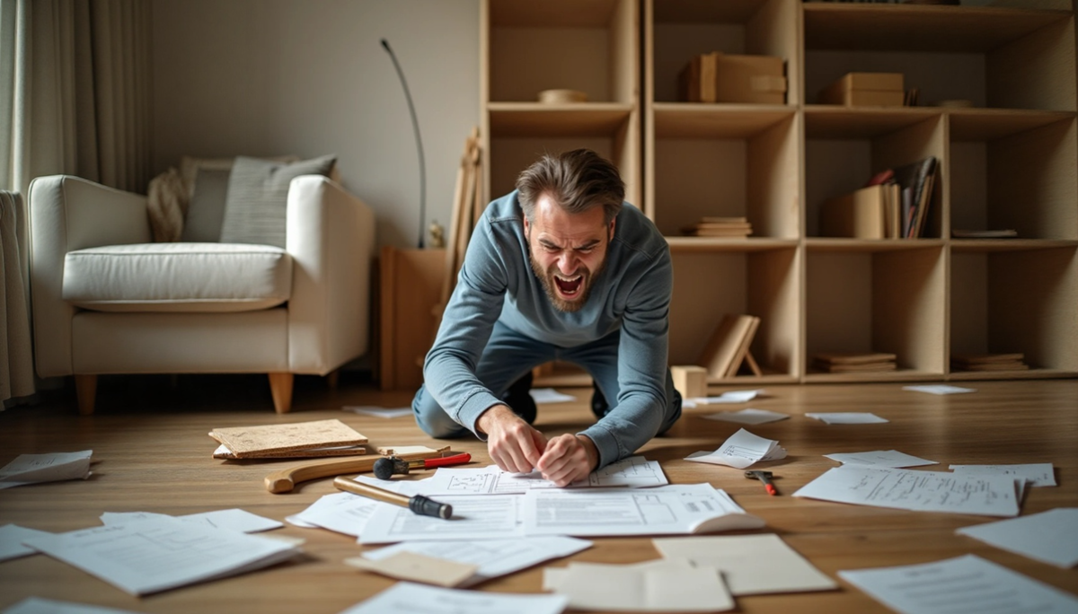 Мужччина очень злиться, потому что не понимает инструкцию по сборке