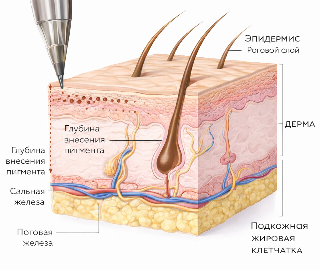 Слои кожи и поверхностная глубина внесения пигмента при перманентном макияже