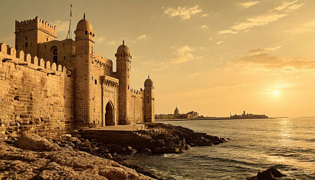 Крепость Кайт-Бей на винтажной фотографии 1950-х годов, вид на закате