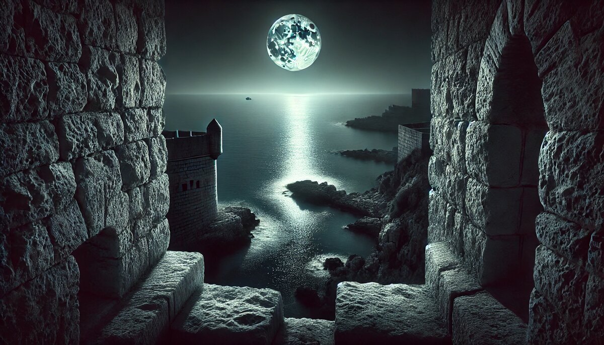 Вид с крепости Кайт-Бей на ночное Средиземное море, луч света прорезает темноту