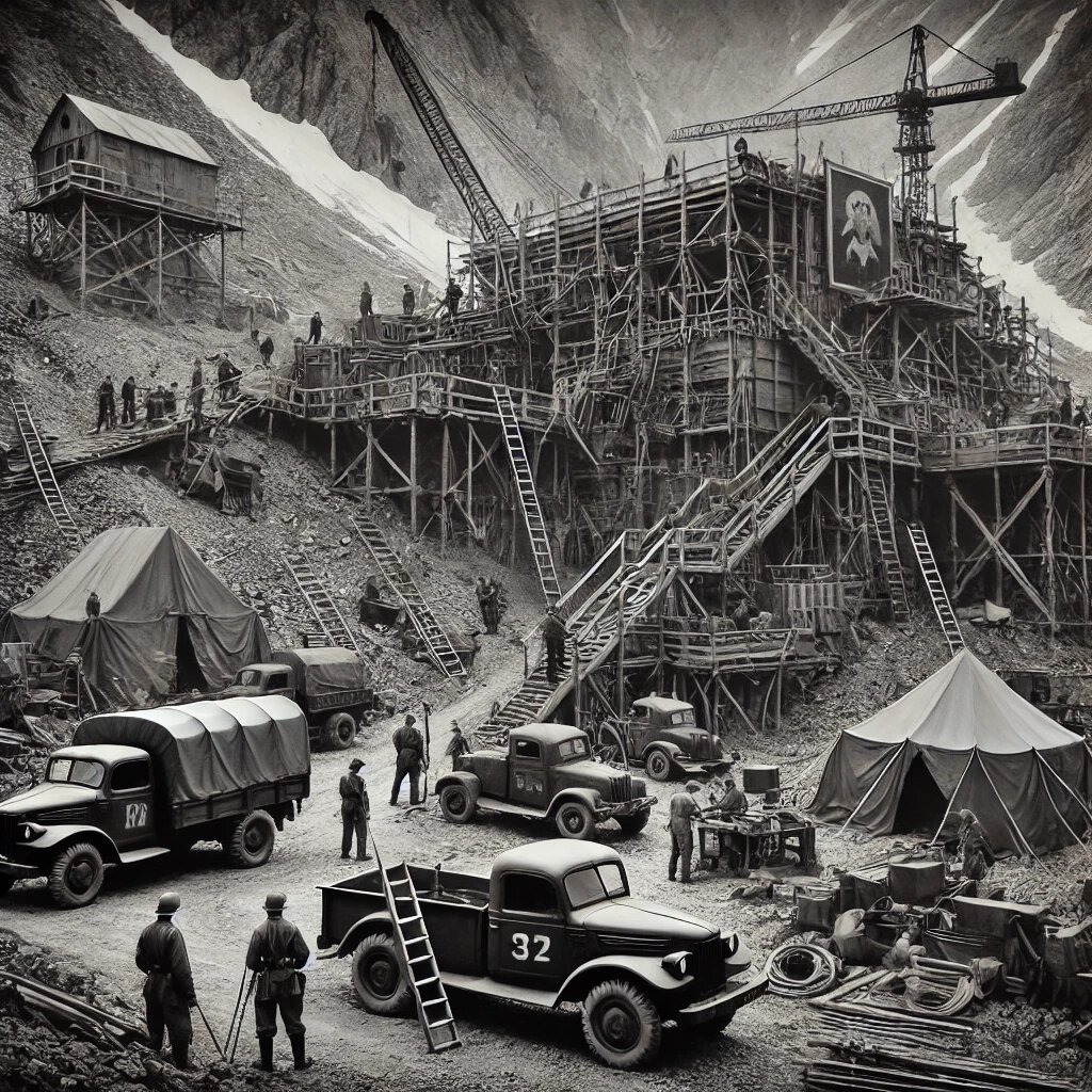 Исторический снимок строительных работ в горах Армении, 1950-е годы