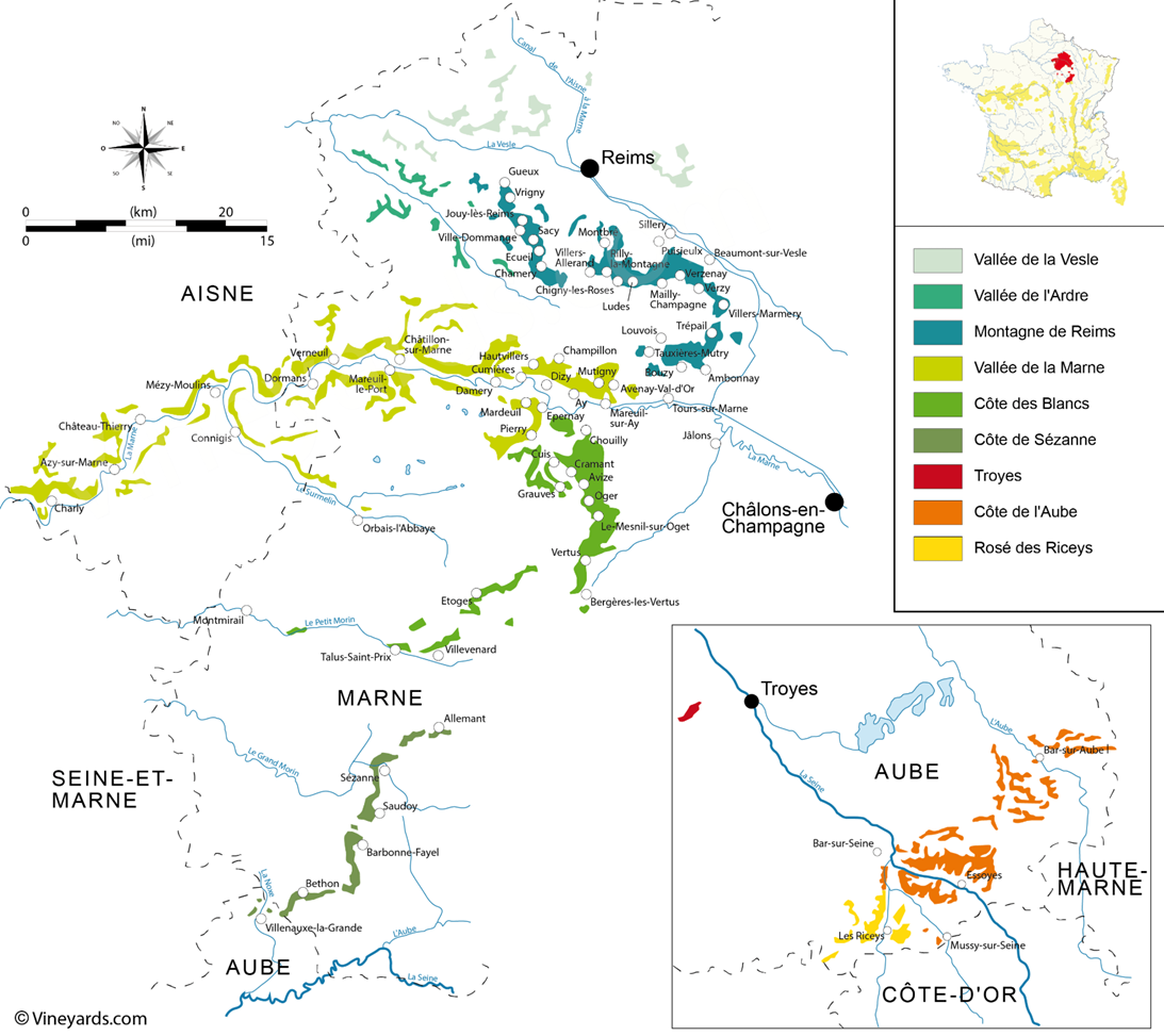 Карта основных винодельческих зон региона Шампань, Франция
