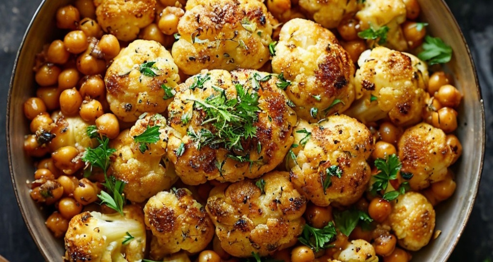 Запеченная цветная капуста с нутом, тахини и зеленью