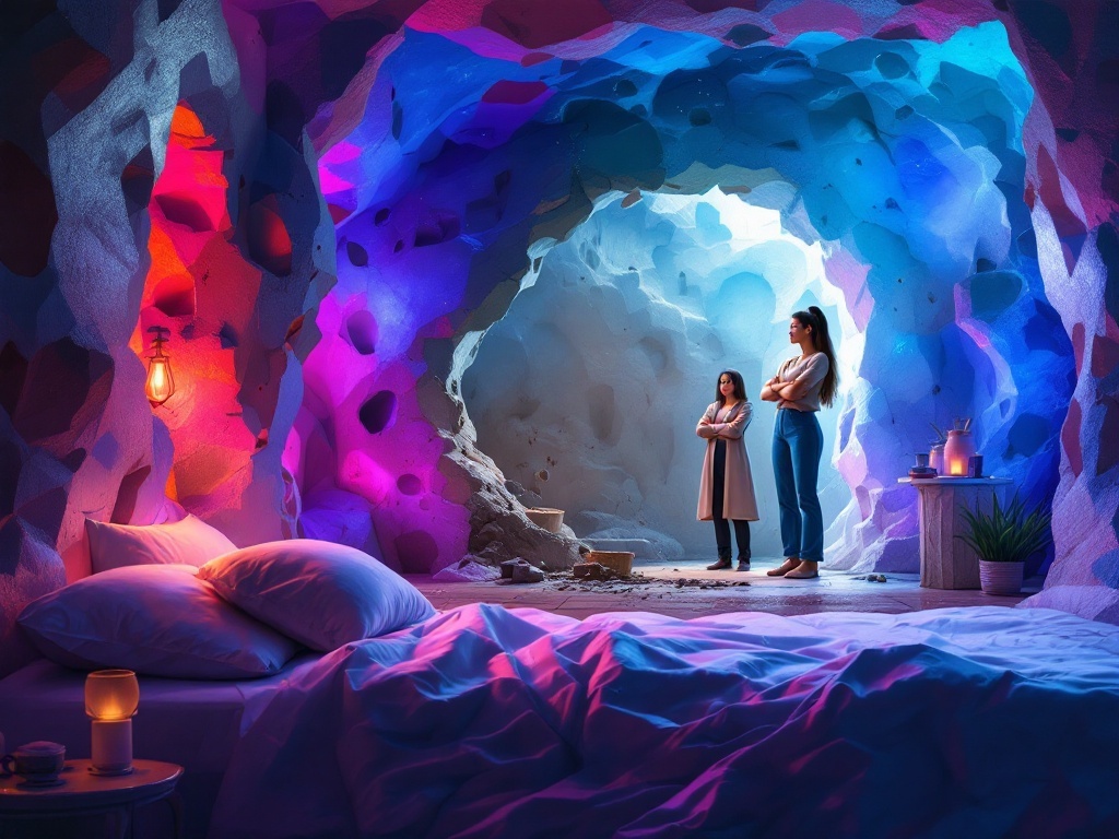    К чему такое снится: На картине изображена комната с неровными стенами, похожими на пещеру. Персонаж стремительно метает строительный раствор в стены, пытаясь их выровнять, в то время ка