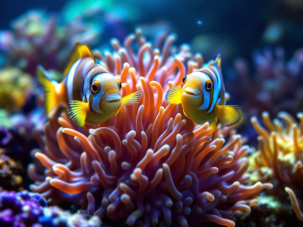 Рыбки клоуны сидят в актинии.