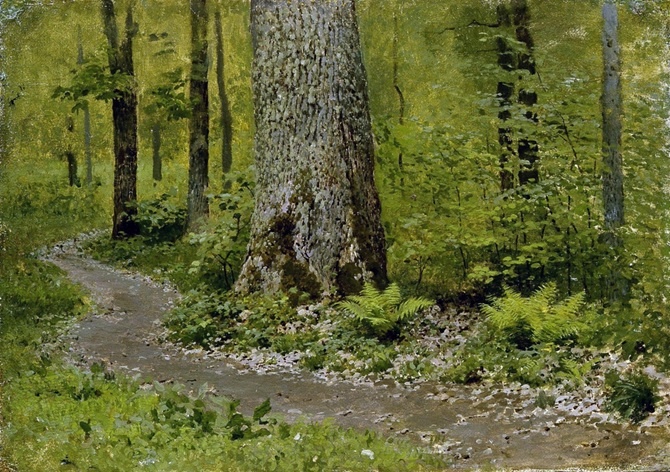 Исаак Левитан. Тропинка в лиственном лесу. Папоротники. Около 1895. Холст на картоне, масло. 27 x 39. Государственный Русский музей