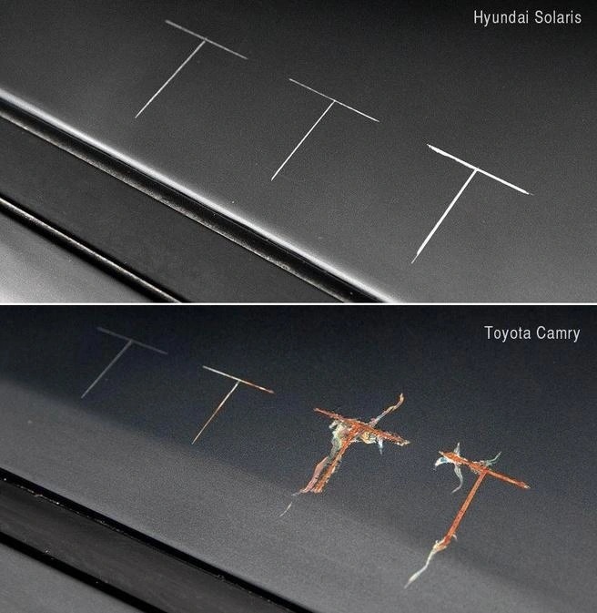 Тест на коррозионную устойчивость в соляной камере издания «Авторевю». На снимке оцинкованная крыша Hyundai Solaris (вверху) и не оцинкованная Toyota Camry. Эффективность цинка очевидна