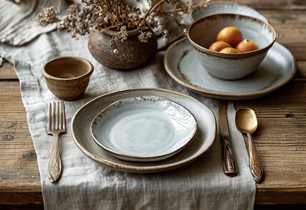 Сервировка с керамическими тарелками ручной работы и льняными дорожками