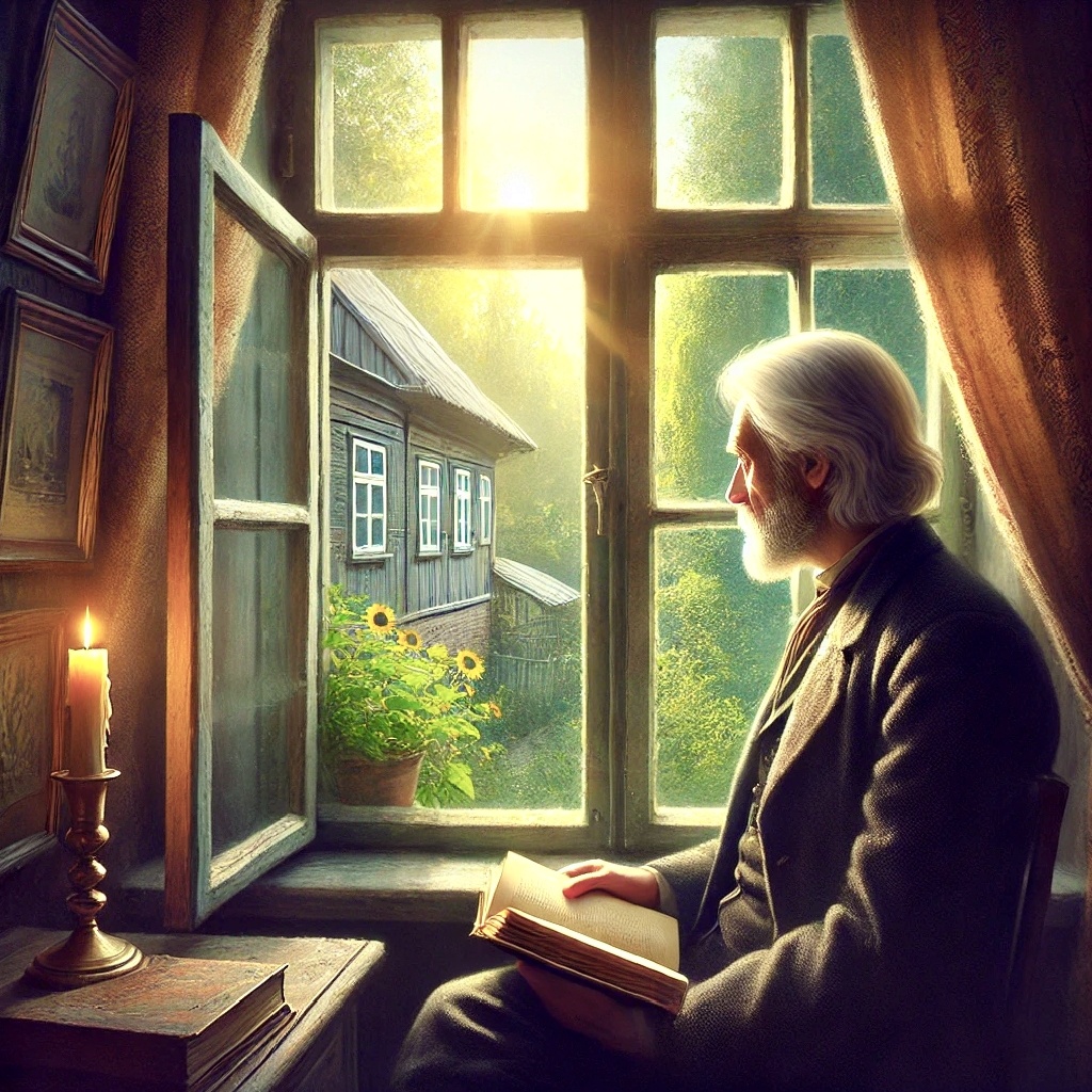 Князь Андрей погрузился в философские размышления, сидя с книгой у окна. Летний сад за окном добавляет атмосферу осознания и перемен. 
