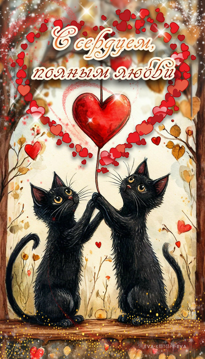 Открытка с котиками к Дню влюбленных: С сердцем полным любви