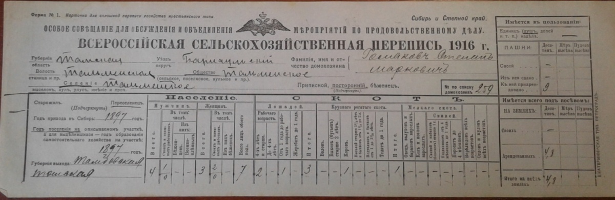 Анкета переписи 1916 г - Голяков Степан Маркович