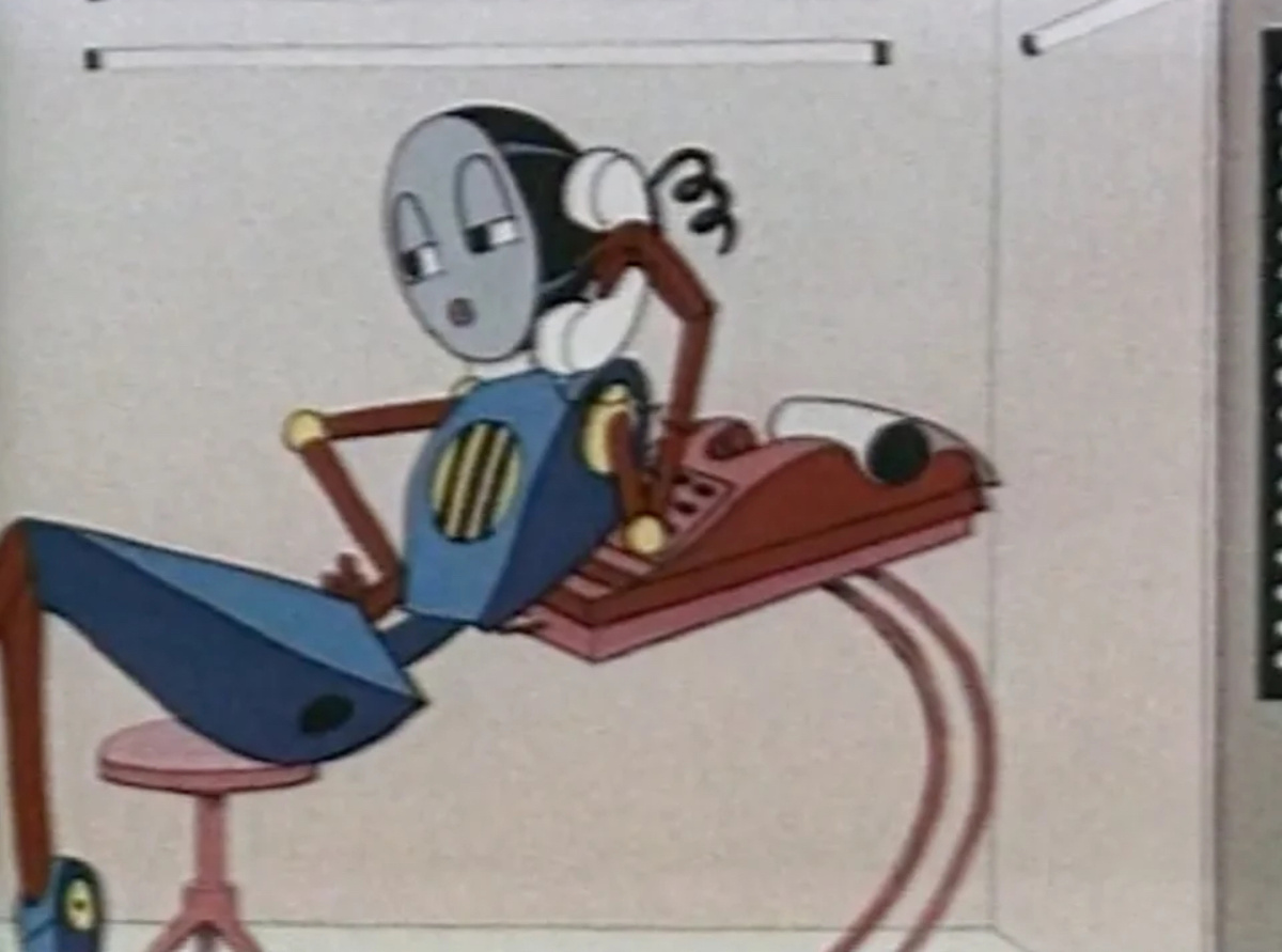 «Мурзилка на спутнике» (1960)
Эта анимационная роботесса похожа на настоящую советскую секретаршу. В утопическом мире будущего, где спецкор Мурзилка бороздит космическое пространство вместе со своим антропоморфным фотоаппаратом, она пудрит личико и игнорирует просьбы начальника. Правда, до тех пор, пока он не нажимает на тревожную кнопку и не возвращает ее разрядом к реальности.