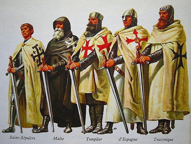 Представители различных рыцарских орденов - источник Pinterest (Слева направо: Рыцарь Ордена Гроба Господня, Мальтийского ордена, ордена Тамплиеров, ордена Орден Сантьяго де Компостела, Тевтонского ордена) Источник - Pinterest