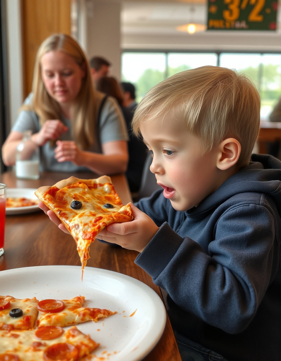 Ребенок ест пиццу