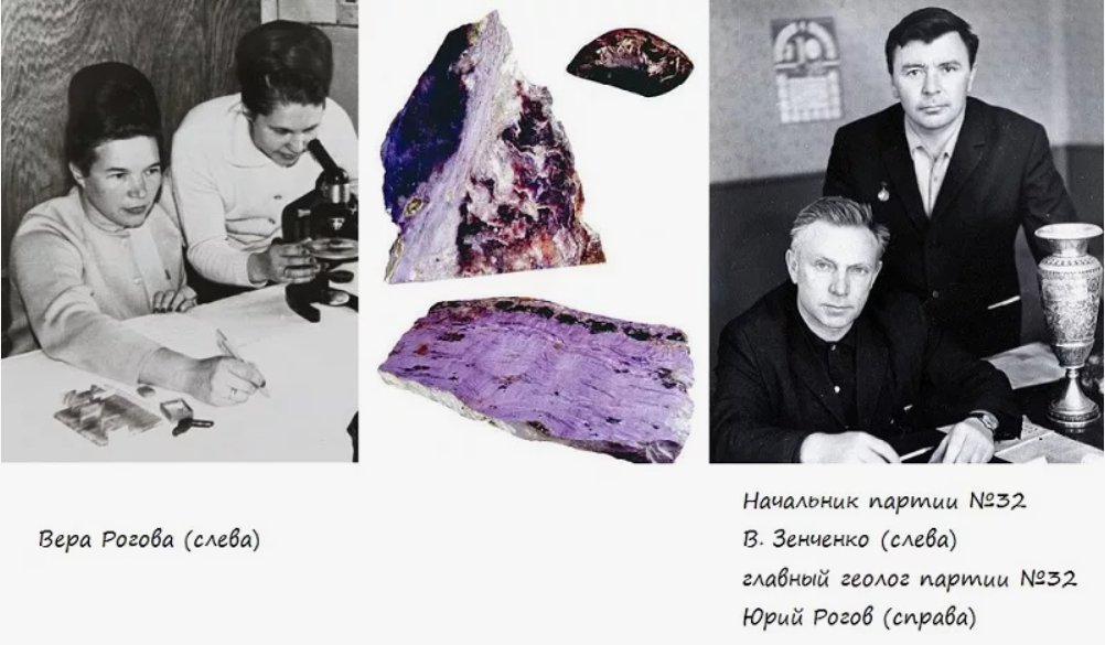 Иркутяне супруги Юрий Гаврилович и Вера Парфентьевна Роговы внесли неоценимый вклад в российскую геологию. Юрий Гаврилович занимался разведкой месторождений урана непосредственно на земле. Им было открыто 12 месторождений урана(из них 7 промышленных) в Забайкалье и Монголии, за что в 1970 году Ю.Г. Рогов был удостоен звания лауреата Ленинской премии. Собственно в процессе геологоразведки урана им были найдены не только образцы очень редкого чароита, но и впервые открытых его женой баураноита, кальцураноита, метакальцураноита и тинаксита. Вера Парфентьевна занималась как изучением непосредственно всех этих минералов, так и разработкой и внедрением новых принципов и методик геологоразведки, за что была удостоена званий доктора геолого-минералогических наук и заслуженного геолога РФ.